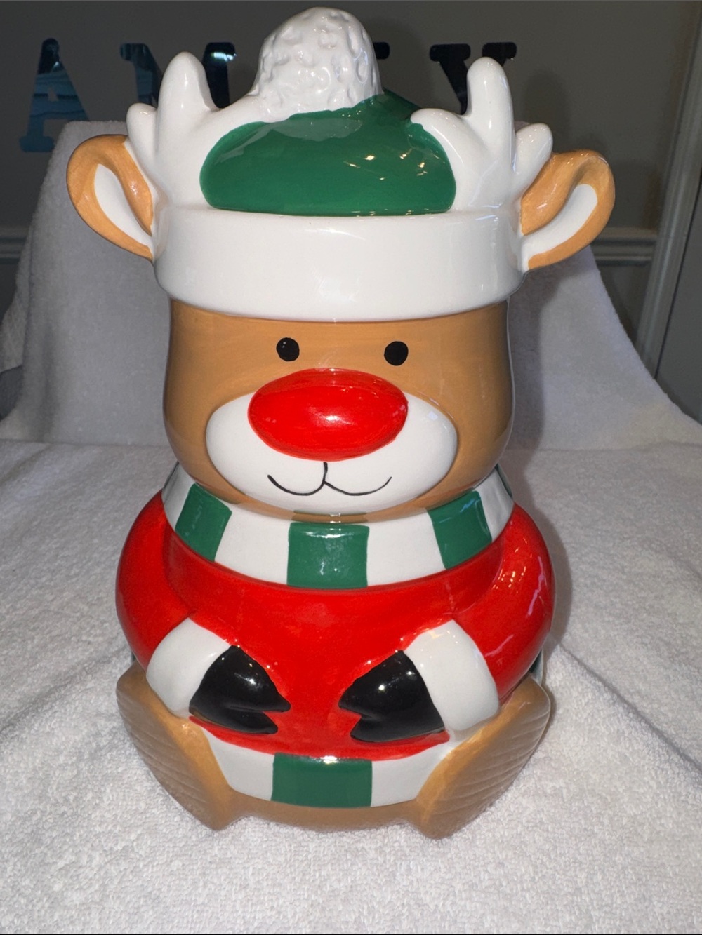 Festive Reindeer Ceramic Cookie Jar - Red, Green, White